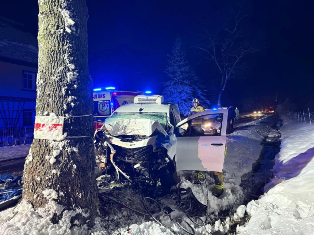 Tragiczny wypadek na Dolnym Śląsku. Dostawca cateringu zginął po uderzeniu w drzewo - Tragiczny wypadek w Kaczorowie. Fot. Ochotnicza Straż Pożarna w Kaczorowie (Facebook)