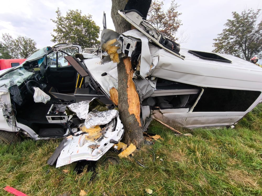 Śmiertelny wypadek na DK8. Bus uderzył w drzewo  - fot. Komenda Wojewódzka Państwowej Straży Pożarnej we Wrocławiu