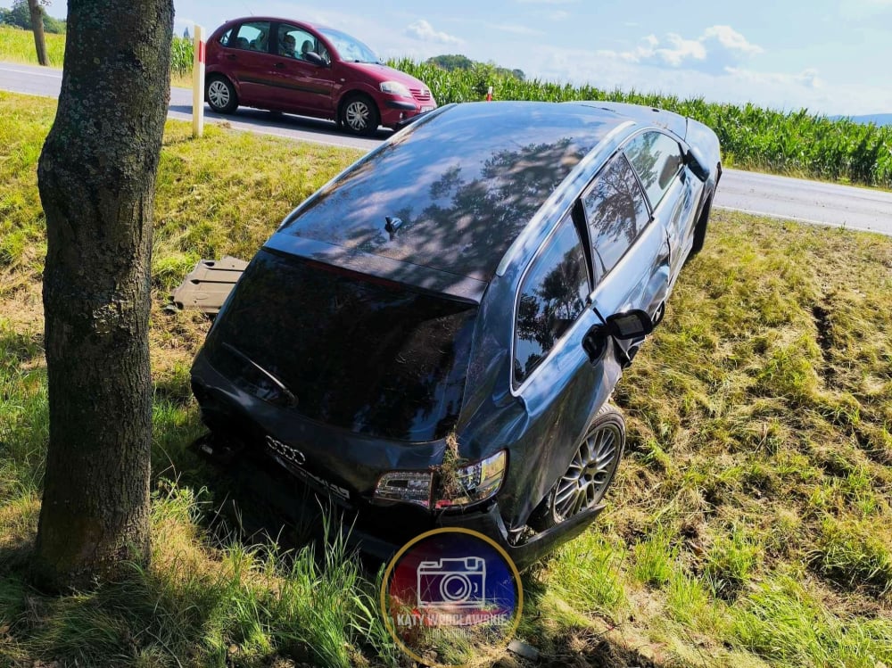 Czołówka na Drodze Krajowej nr 35 – samochód w rowie - fot. Paweł Bielawski, Pomoc Drogowa Kąty Wrocławskie Wrocław A4 A8 osobowe, dostawcze, ciężarowe / Facebook