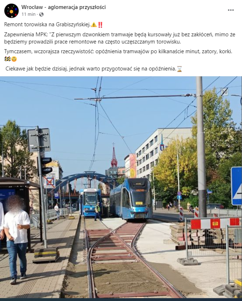 "W środę ruch tramwajowy na Grabiszyńskiej ma być płynny" - obiecał rzecznik MPK Wrocław - fot. Facebook