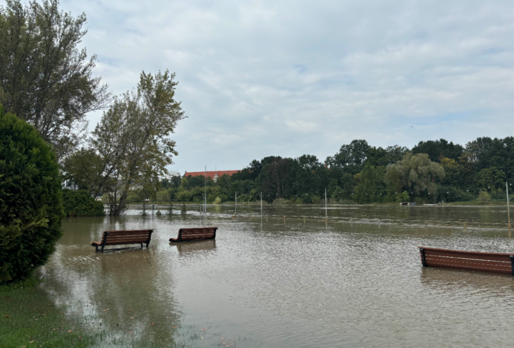 Tereny zielone przy hotelu Wodnik we Wrocławiu nad Odrą zalane - fot. Elżbieta Osowicz