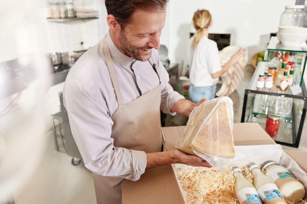 Mężczyzna z uśmiechem rozpakowuje świeże produkty spożywcze w kuchni, ilustrując niezawodność dostaw DPD Food w kontrolowanej temperaturze.