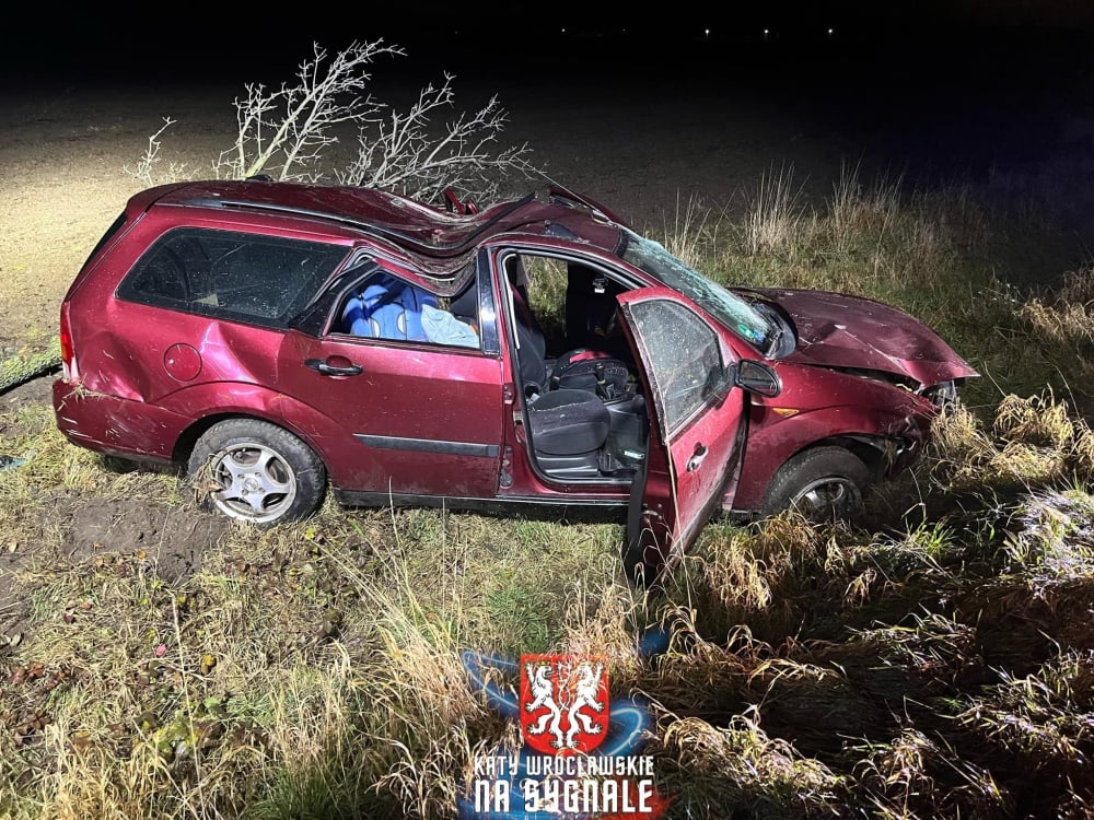 Porzucone auto na DK8. Kierowca uciekł z miejsca zdarzenia - Tak wyglądał pojazd, który zjechał z DK8 i uderzył w drzewo. Fot. OSP KSRG Pustków Wilczkowski,  Ochotnicza Straż Pożarna w Jordanowie Śląskim/ Kąty Wrocławskie na Sygnale