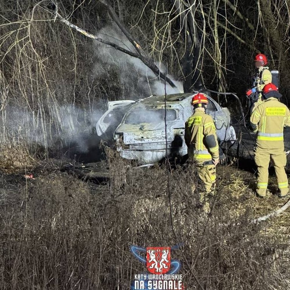 Pożar samochodu w Mietkowie! Pojazd doszczętnie spłonął, w akcji trzy zastępy straży - Samochód doszczętnie spłonął. Na miejscu pracowały trzy zastępy straży pożarnej. Fot: OSP KSRG Mietków, czytelnik