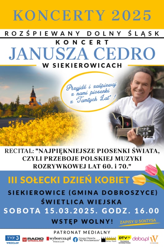 KONCERT JANUSZA CEDRO W SIEKIEROWICACH ! 15 marca 2025 roku o godzinie 16:00