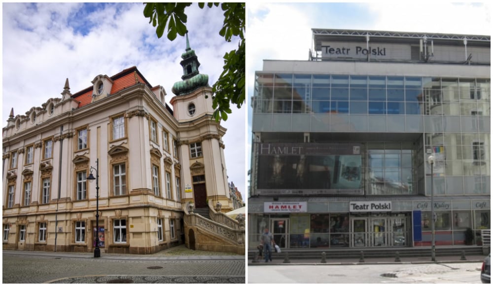 Trwają konkursy na stanowiska dyrektorów w dolnośląskich teatrach. Jakie są wymagania? - Teatr w Legnicy (po lewej) oraz Teatr Polski we Wrocławiu. Fot: Radio Wrocław